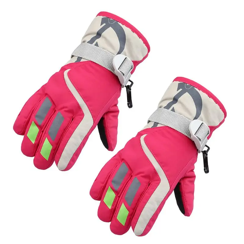 Hot Pink Детские Водонепроницаемые зимние лыжные перчатки для мальчиков и девочек; теплые уличные перчатки для верховой езды; ветрозащитные Нескользящие варежки с пряжкой - Цвет: Hot Pink
