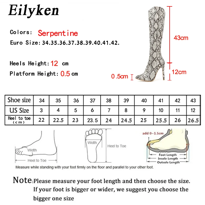 Eilyken/Botas Mujer; пикантные сапоги на высоком каблуке с острым носком со змеиным принтом; женские сапоги на молнии; модные сапоги до колена В рыцарском стиле