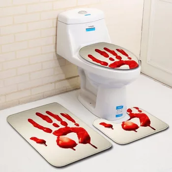 

3 pieces/Set Blood Handprint Pattern Anti-silp Bath Mat Flannel Contour Rug Lid Toilet Cover Carpet Bathroom Set