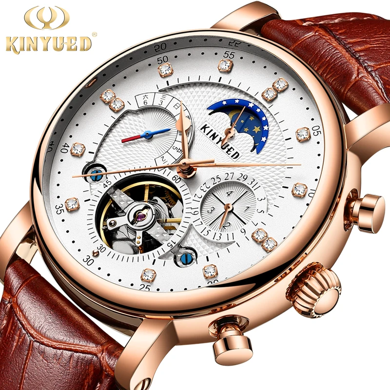 KINYUED Moon Phase Top Brand Mens Mechanical Watches Automatic Tourbillon Skeleton Watch Men Calendar Relogio Masculino dropship KINYUED Moon Phase Top Brand Mens Mechanical Watches Automatic Tourbillon Skeleton Watch Men Calendar Relogio Masculino dropship