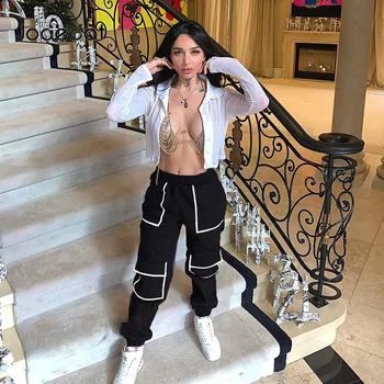 

Casual Loose Street Style Cargo Pants Women Baggy Trousers Contrast Color Pockets Hip Hop High Waist Harem Pants Cotton