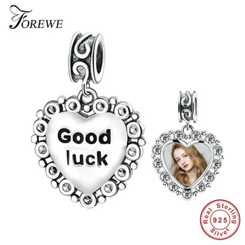 

Pure 925 Sterling Silver Heart Pendant Charm Custom Photo Cubic Zirconia Bead Fit Original Charm Bracelet Silver 925 DIY Jewelry