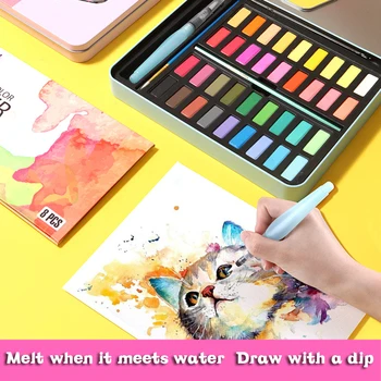 

36 Colors Solid Watercolor Painting Portable Set With Water Brush Pen Iron Box water Watercolor Pigment Set Painting Supplies