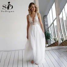 

SoDigne Boho Beach Wedding Dresses Sexy V Beck Sleeveless Bridal Dress 3D Flower Tulle Bridal Gowns vestido de noiva