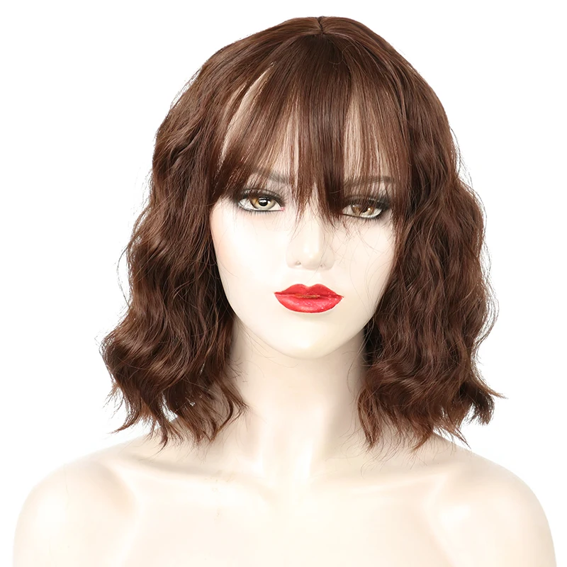 

Short BOBO Brown Wig with Bang for Women Curly Synthetic Afro Party Black Grey False Hair Wigs