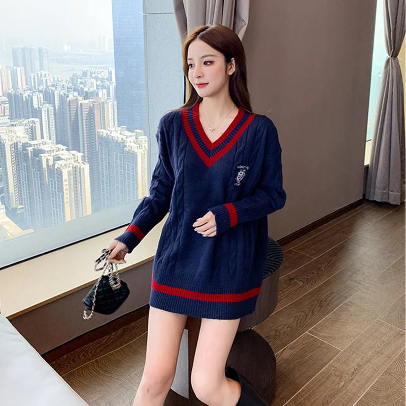 2020 autumn new fashion college style V-neck pullover sweater women loose long sleeve sweater
