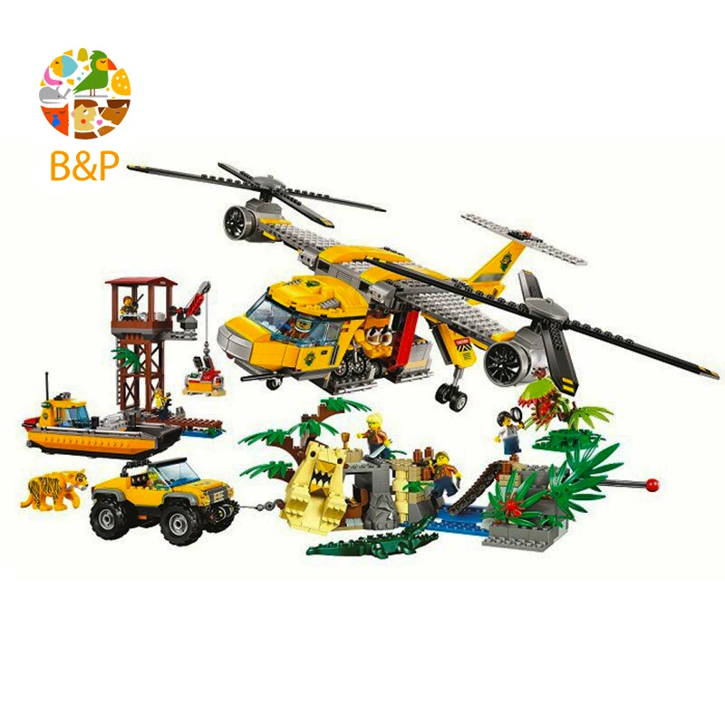 

60162 1400pcs City series The Jungle Air Drop Helicopter Model Building Blcok set Brick compatible 10713 Toys for children Gift