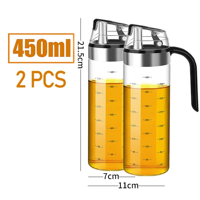 Large Olive Oil Dispenser Bottle Auto Flip Condiment Container Automatic Cap and Leakproof Vinegar Glass Cruet 450ML 2pcs