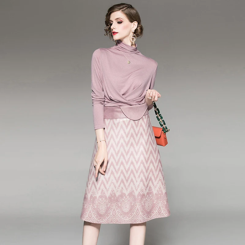 

New Office Lady Spring Autumn Fashion 2 Piece Set Turtleneck Long Sleeve Solid Blouse+Print A-line Skirt Women Two-piece Sets