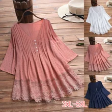 

Summer large size T-shirt 3XL 4XL 5XL 6XL 7XL bust 130CM fashion women's jacquard pleated lace hollow V-neck button T-shirt