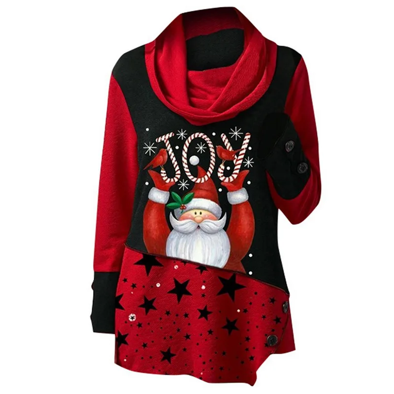 

2019 Christmas Clothing Women Sweatershirts Print Top Ladies Blouses Patchwork Sweatshirt High Collar Girls Blouse Shirt Outwear