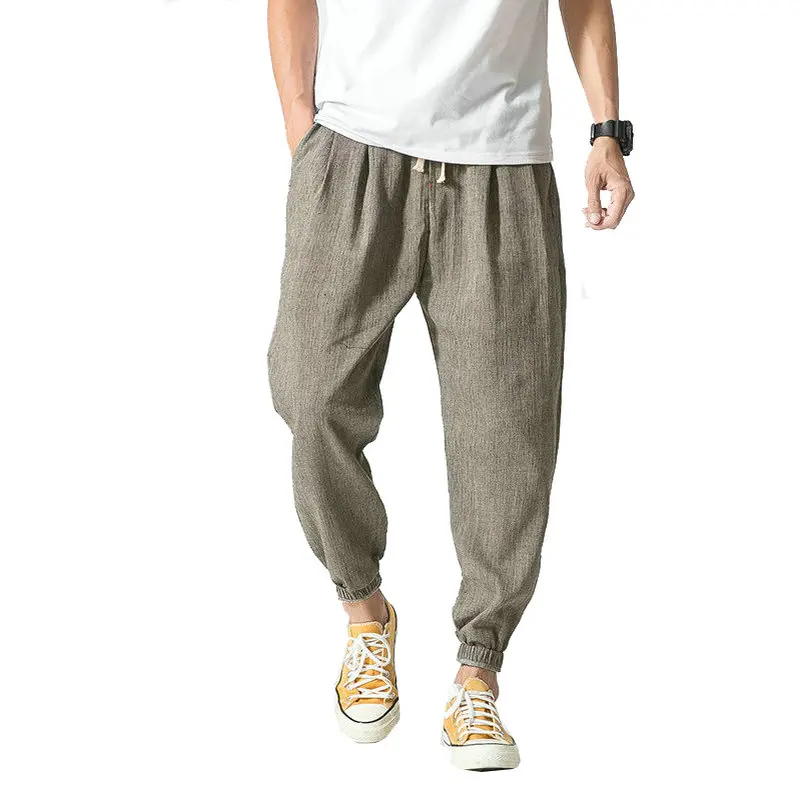 UUYUK Men Cotton Linen Cropped Pants Loose Chinese Style Harem Pants