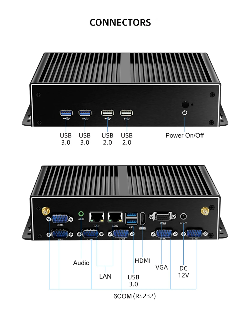 XCY Fanless Industrial Mini PC Intel Core i7 5500U 2x GbE LAN 6x COM RS232 HDMI VGA 6x USB Support WiFi 4G LTE Windows Linux 4