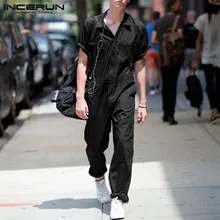 INCERUN, мужские комбинезоны, повседневные, свободные, одноцветные, для бега, уличная одежда, короткий рукав, модные, прямые брюки, мужские комбинезоны, Карго, комбинезоны, S-5XL