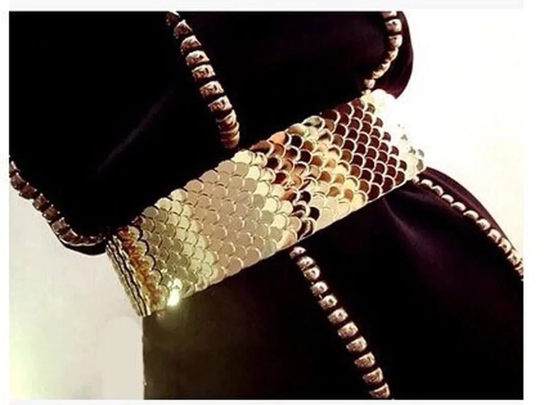 

Elastic Sequins Women Girdle Gold Silve Metal Belt High Quality Fashion Designer Female Personality Ichthyosis Sequins Strap