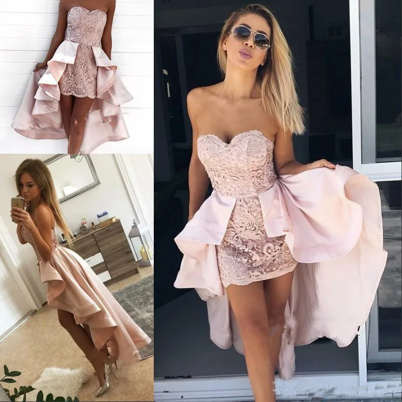 

Modern Sweetheart Hi Low Homecoming Dresses Lace Pale Pink Short Prom Cocktail Dresses With Satin Detachable Train Plus Size