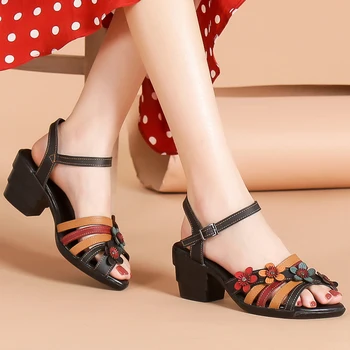 

2020 Summer Women Sandals Genunie Leather Platform High Heel Flower Peep Toe Buckle Casual Beach Ladies Shoes Zapatos De Mujer