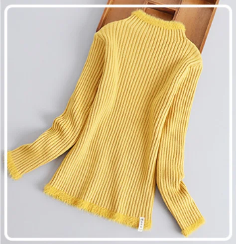 yellow 002 Одежда для маленьких девочек; Зимний вязаный свитер для девочек; весенние пуловеры с меховым воротником; теплая вязаная одежда; гибкие свитера для девочек-подростков; Лидер продаж - Цвет: yellow 002