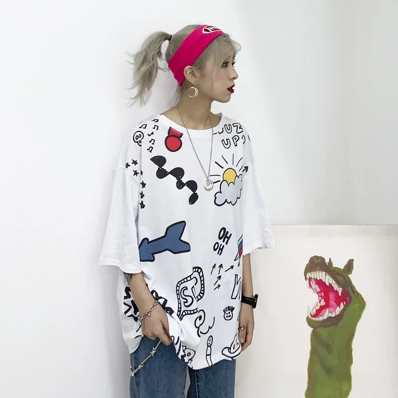 Корейские женские рубашки, Kawaii футболки с принтом, круглый вырез, универсальные футболки для студентов, осенняя одежда Harajuku, большие размеры, Повседневная футболка - Цвет: YX 419 bai