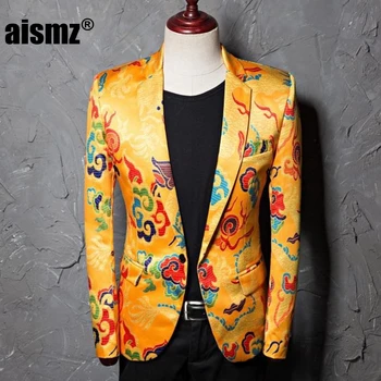 

Aismz Brand Tide Mens Golden Chinese Style Dragon Pattern Digital Print Suit Jacket Wedding Party Nightclub Stage Blazer
