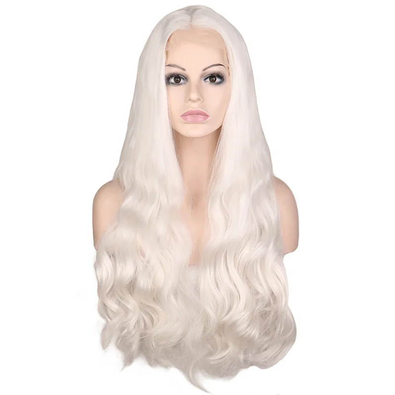 Причудливые W белые длинные волнистые парики фронта шнурка синтетический парик для женщин Glueless натуральные Жаростойкие дышащие волосы