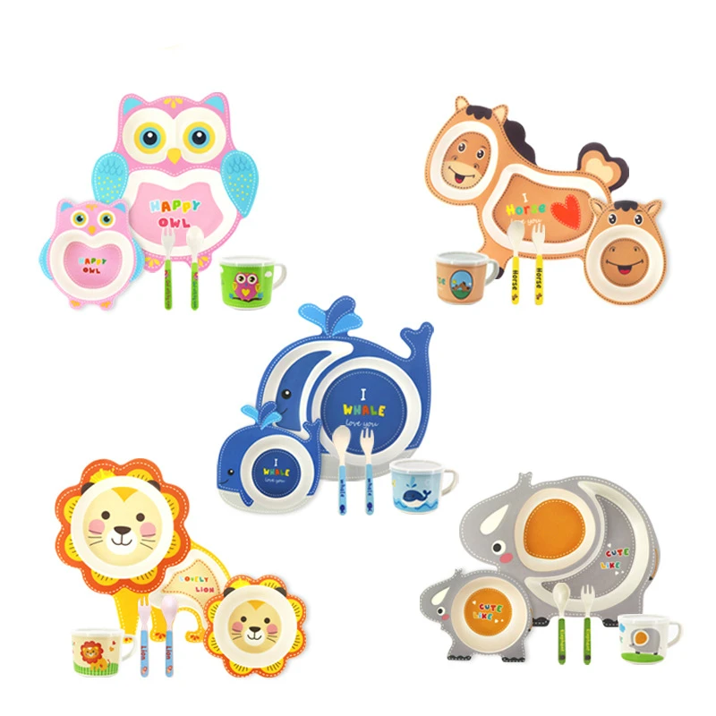 

Natural Bamboo Children's Tableware Baby Animal Cartoon Five-Piece Cutlery Set Creative Gift Infant Dinnerware