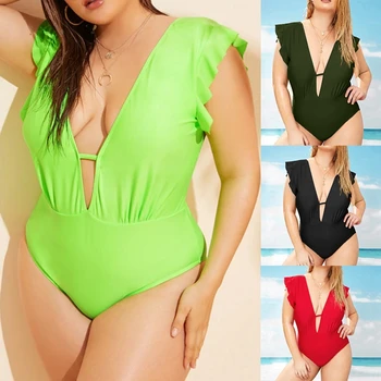 

Women Plus Size Swimsuit Solid Ruffled Harness Bikini Sexy Backless Tankini One-piece Bathing Suit For Woman Swimwear Beachwear
