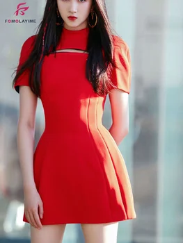 

2020 New Autumn Knee-Length Women Runway Red Dress