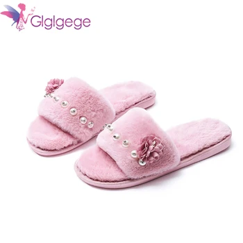 

Glglgege New beach flip flops women Slippers Handmade flowers casual clip flat Warm slippers indoor wearing women's shoes