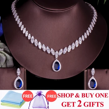 

ThreeGraces Famous Brand Classic Water Drop Silver Color Cubic Zircon Royal Bule Bridal Costume Jewelry Sets For Women JS105