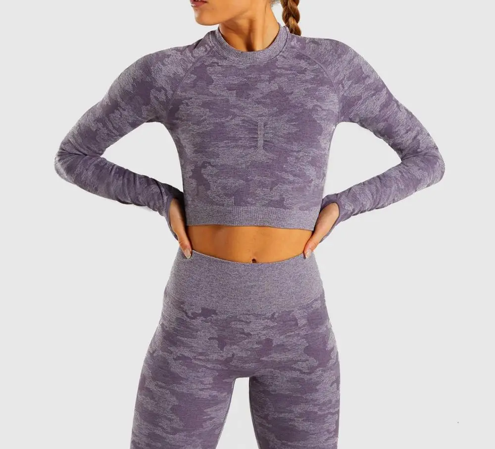 Purple Бесшовные Conjunto для женщин Йога Oants работы из леггинсов Спорт камуфляж комплект с длинным рукавом укороченный топ костюм - Цвет: Purple