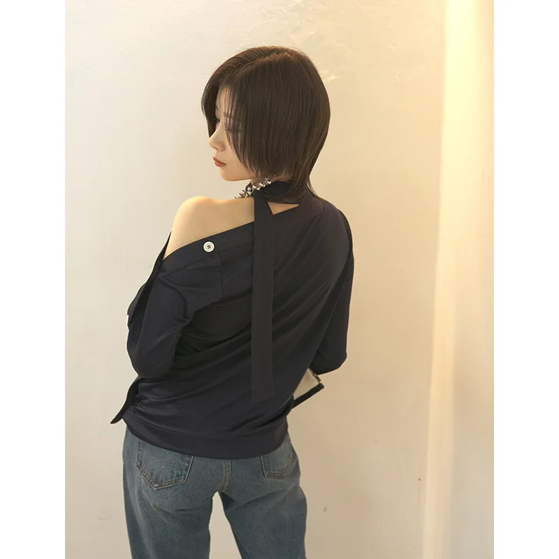 

Iliad2019 Spring New Style WOMEN'S Dress Sloping Shoulder Knitted Import Acetic Acid Tops Decoration Button Long-sleeved T-shirt