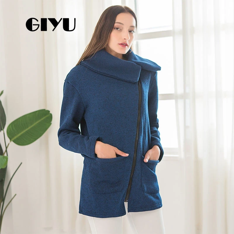 

GIYU Winter Long Sleeve Casual Jackets Turn-down Collar Women Coat with Zipper Pockets Irregular chaqueta mujer