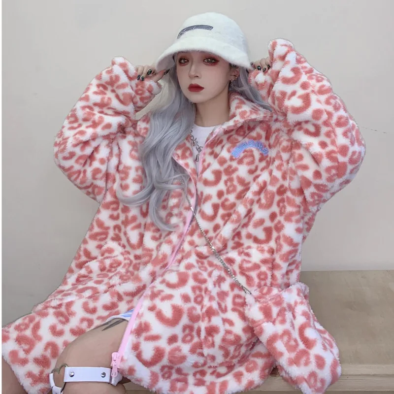 Chaquetas de piel sintética con estampado de leopardo y vaca leche para mujer, chaqueta de talla grande peluda, abrigo largo de peluche, abrigo Kawaii Harajuku