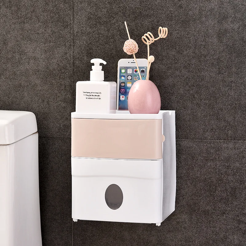Creative Double Layer Waterproof Bathroom Tissue Box Toilet Tissue Dispenser Seemless Stickers Bathroom Storage Box Hole Punched