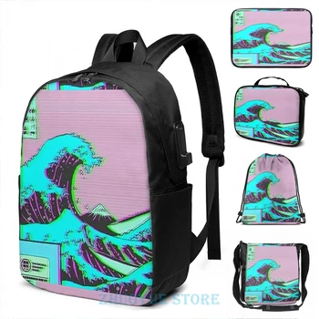 

Graphic print The Great Wave off Vaporwave Kanagawa USB Charge Backpack men School bags Women bag Travel laptop bag