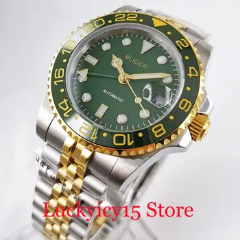 

BLIGER Brand Gold Coated Self Winding Men Watch Sapphire Glass GMT Hand Green Dial Jubilee Band