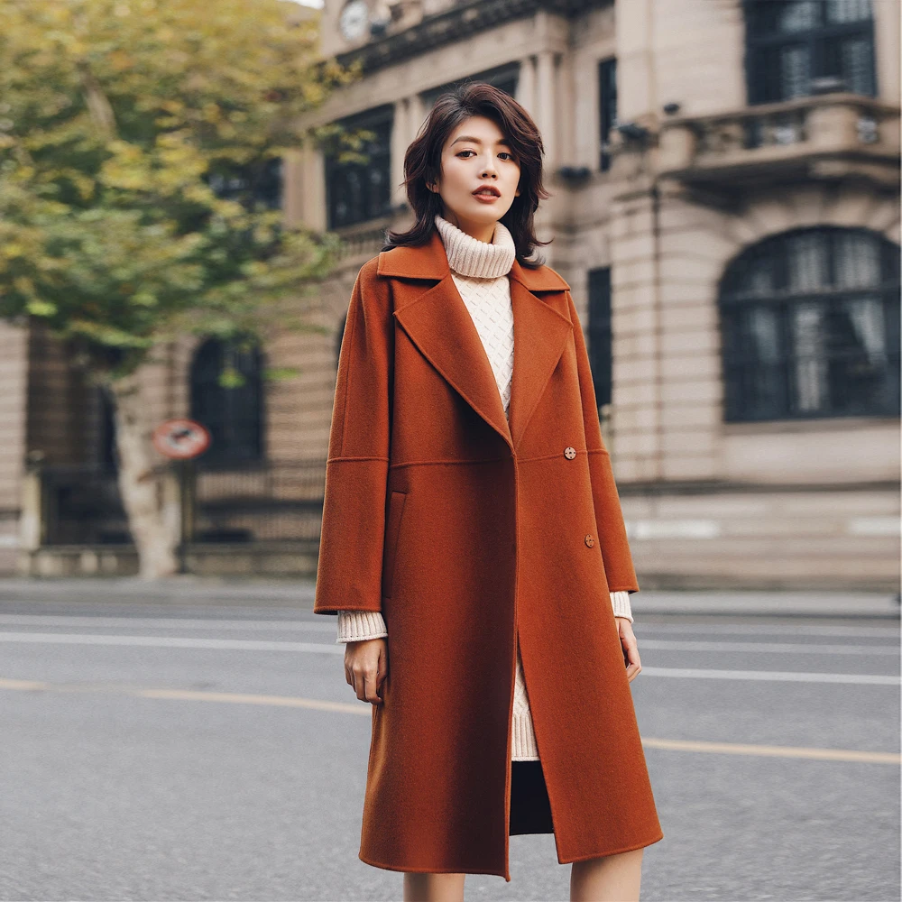 

New arrival 2019 handmade double faced wool turn down collar belted long caramel color wool coat women