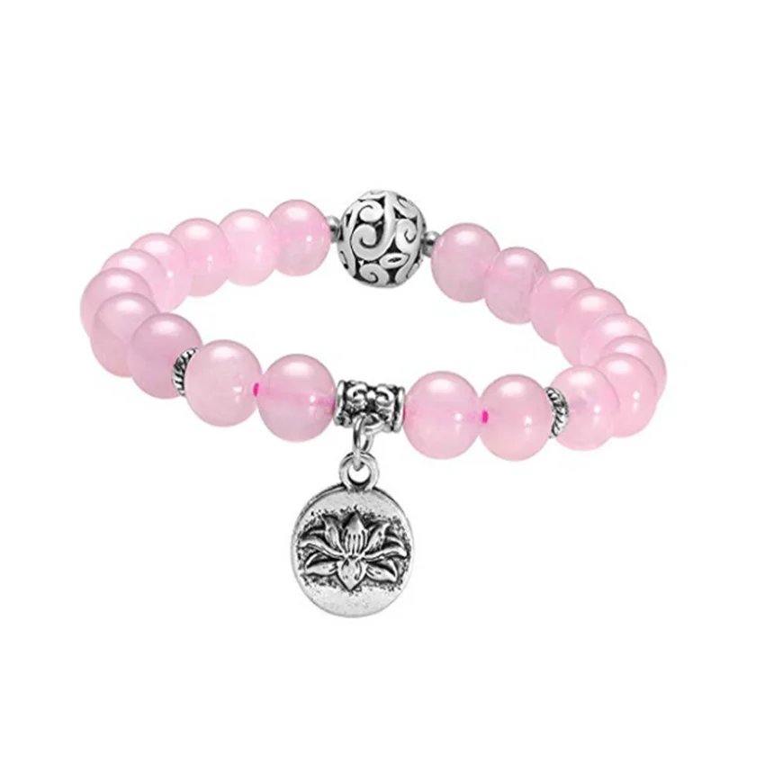 

FYJS Unique Female Anniversary Gift Silver Plated Lotus Blossom Connect 8 mm Round Beads Natural Rose Pink Quartz Bracelet