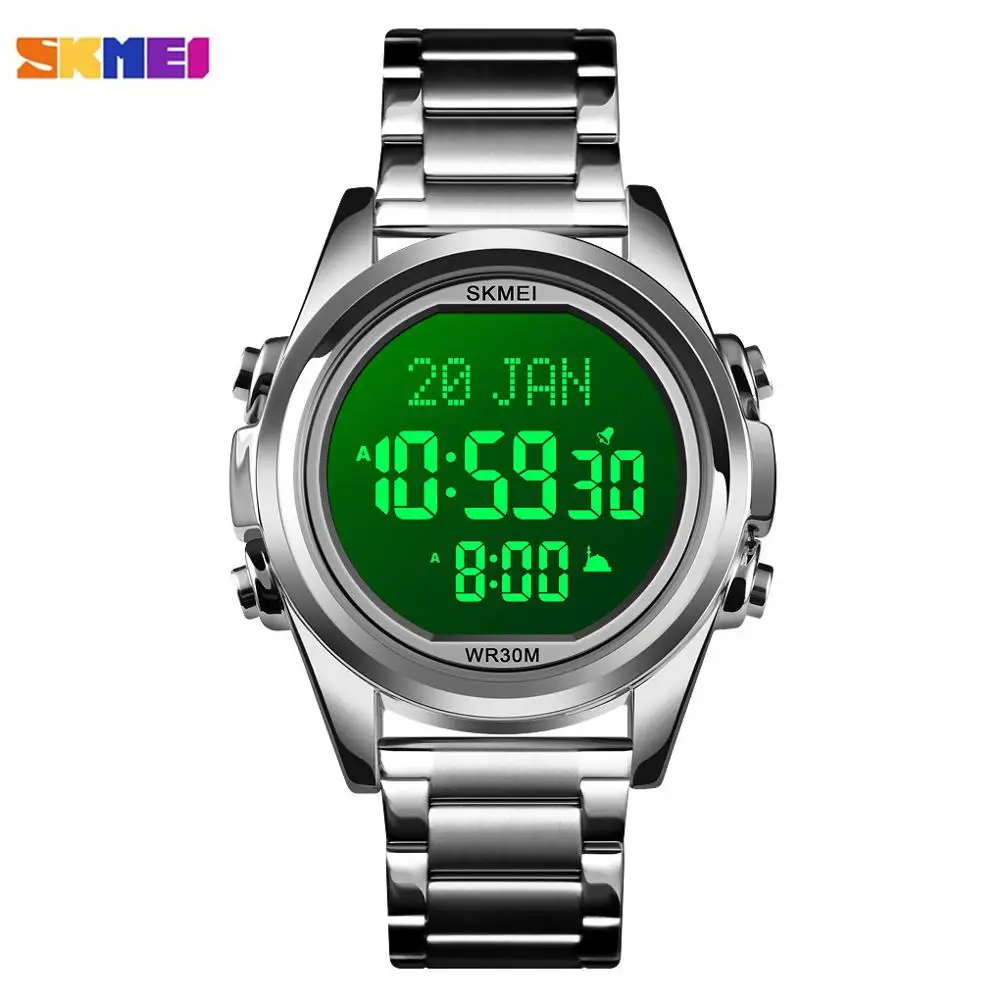 SKMEI Muslim Azan Clock Watch for Prayer with Qibla Compass Adhan Alarm Hijri Calendar Islamic Al Harameen Fajr Time Wristwatch 