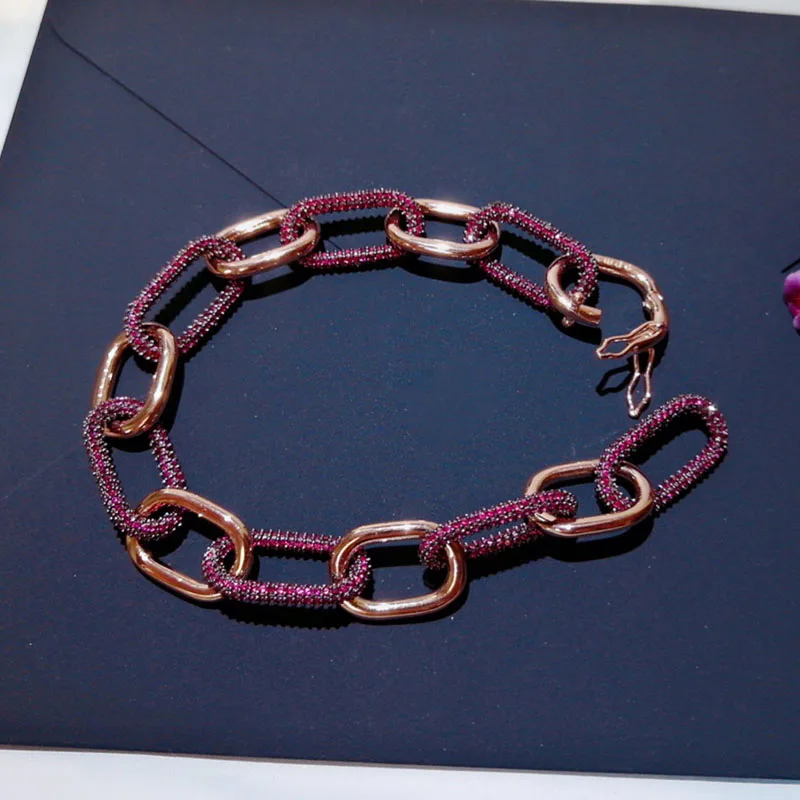 Baoyocn высокое качество роскошные 925 пробы Серебряный Бордовый Красный кубический цирконий и розовый звено цепи браслет для женщин бренд ювелирных изделий