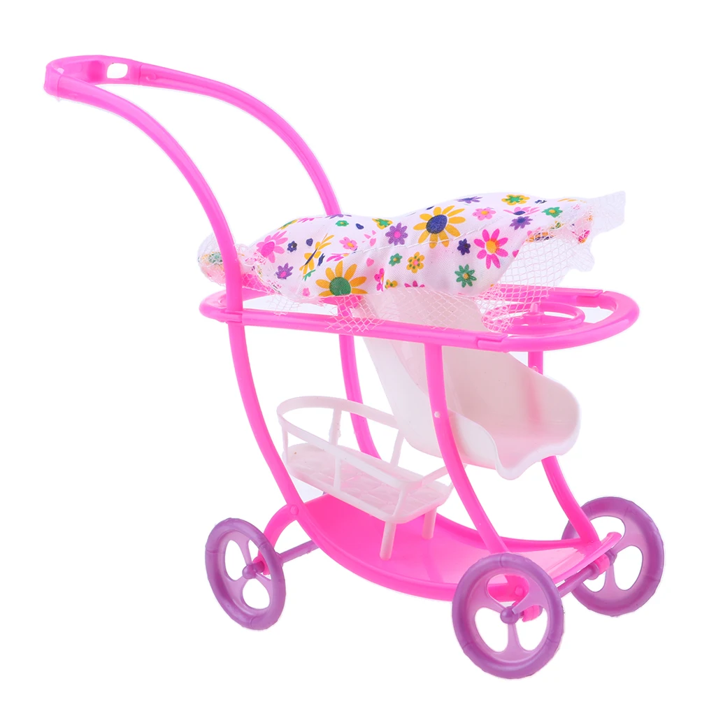 Lovely Plastic Mini Baby Doll Stroller Push Car Dolls Trolley Dollhouse Bedroom Decor Life Scenes Kids Toy