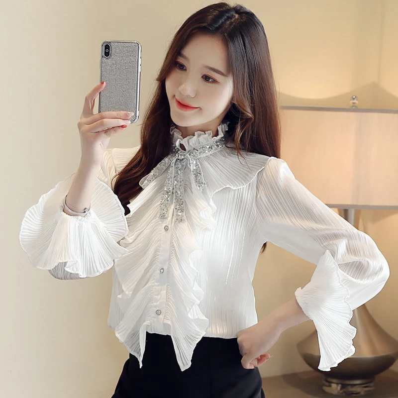

2019 New Autumn Fashion Women Shirts Ruffles Bow Flare Sleeve Chiffon Stand Neck Sequins Blouse Shirt White Apricot 9915