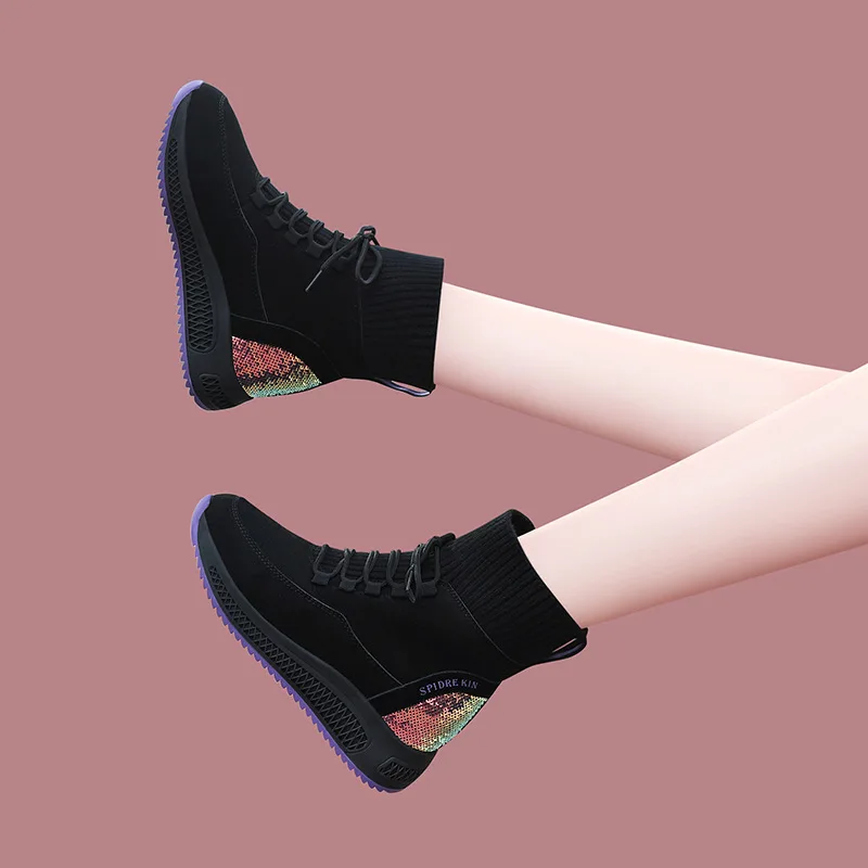

Socks Boots Women's 2019 Autumn And Winter New Style Elevator Sequin Hight-top Putian Athletic Shoes Running WOMEN'S Shoes plus