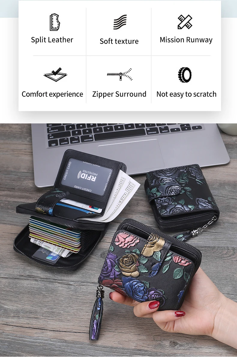 RFID женские кошельки и кошельки Сплит кожа короткие молнии кошельки для кредитных карт Роза шаблон дизайнер кошелек для монет