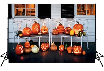 

Autumn Pumpkin Backdrop Halloween Decorations White Wood House And Chair Background Baby Portrait Photo Shoot Studio Props SM730