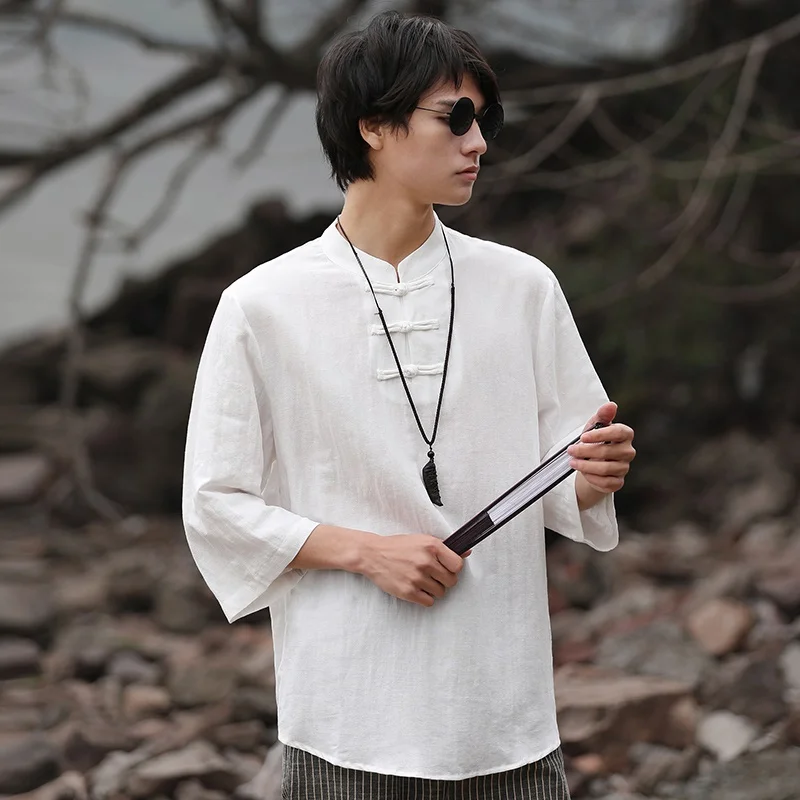 Chinese Style Zen Tea Tee Shirt Retro Cotton Linen Top Solid Color Linen T Shirts For Men Clothing Harajuku Linen T Shirt KK3797