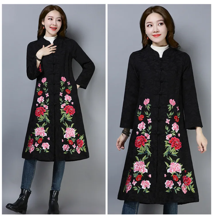 Autumn And Winter New Style Retro National Wind Embroidered Jacquard Mid-length Cardigan Trench Coat Cotton Linen Coat Women's