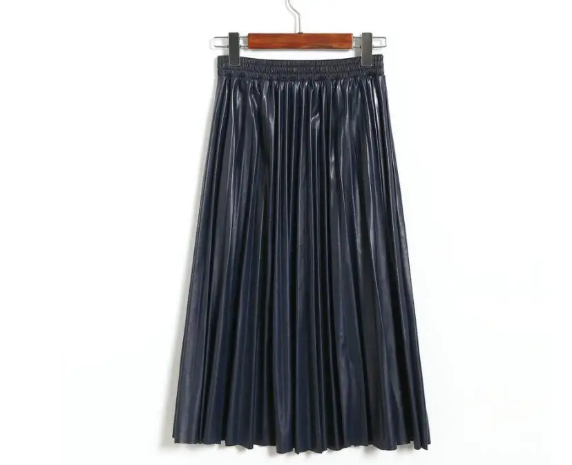 Navy Blue Высокая талия плиссированные Pu Искусственная кожа юбка Для женщин осень-зима элегантный средней длины юбки для женщин, цвета: черный, зеленый и кожаная юбка - Цвет: Navy Blue