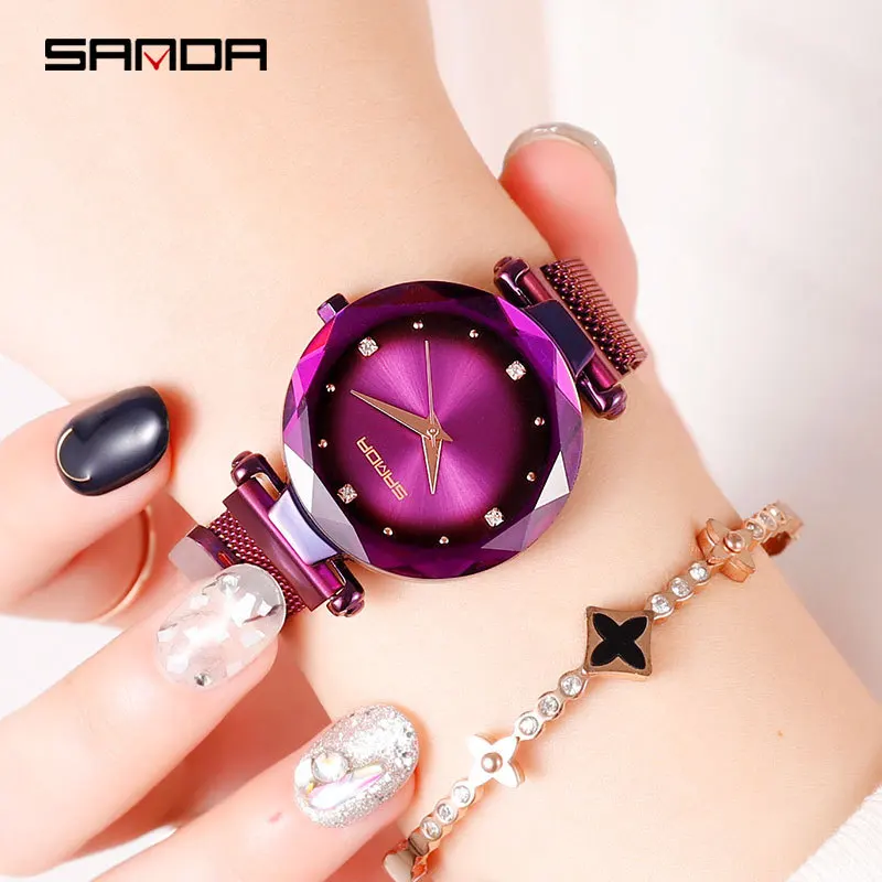 

Sanda New Fashion Women Diamond Watch Female Gradient Color Magnet Stailess Steel Mesh Band Waterproof Ladies Wrist Watches